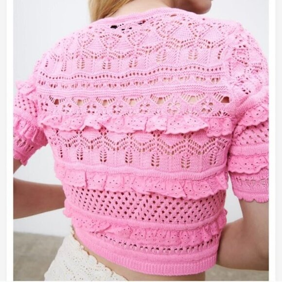 Zara | Short Sleeve Pink Lace Crochet Cardigan - Picture 10 of 11